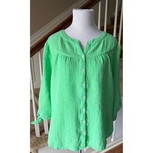 Talbots Women Green Gauze Button Front Tie Sleeve Casual Blouse Top M